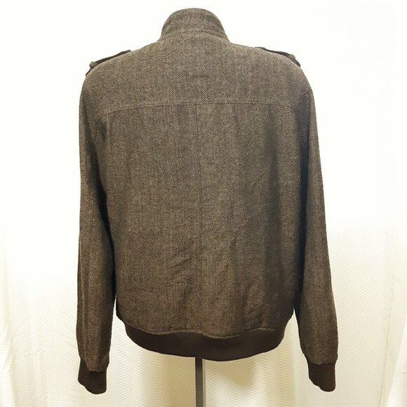 Twenty One Men Wool Blend Flight Jacket Coat XL Chevron Tweed Pockets Dark Brown - Picture 2 of 6